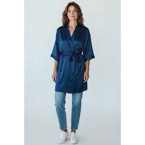 Turquaz Blue Satin Robe Pockets Belt Kimono Mother Of The Groom Rhinestones L